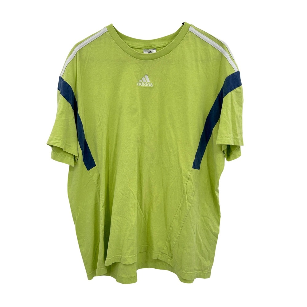 Adidas Short Sleeve Embroidered Logo T-Shirt XL Lime Green Navy Blue Sporty‎ Y2K